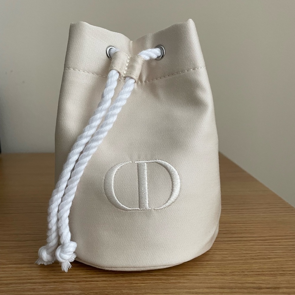 NEW Beige Dior Embroidered Drawstring Pouch with Box